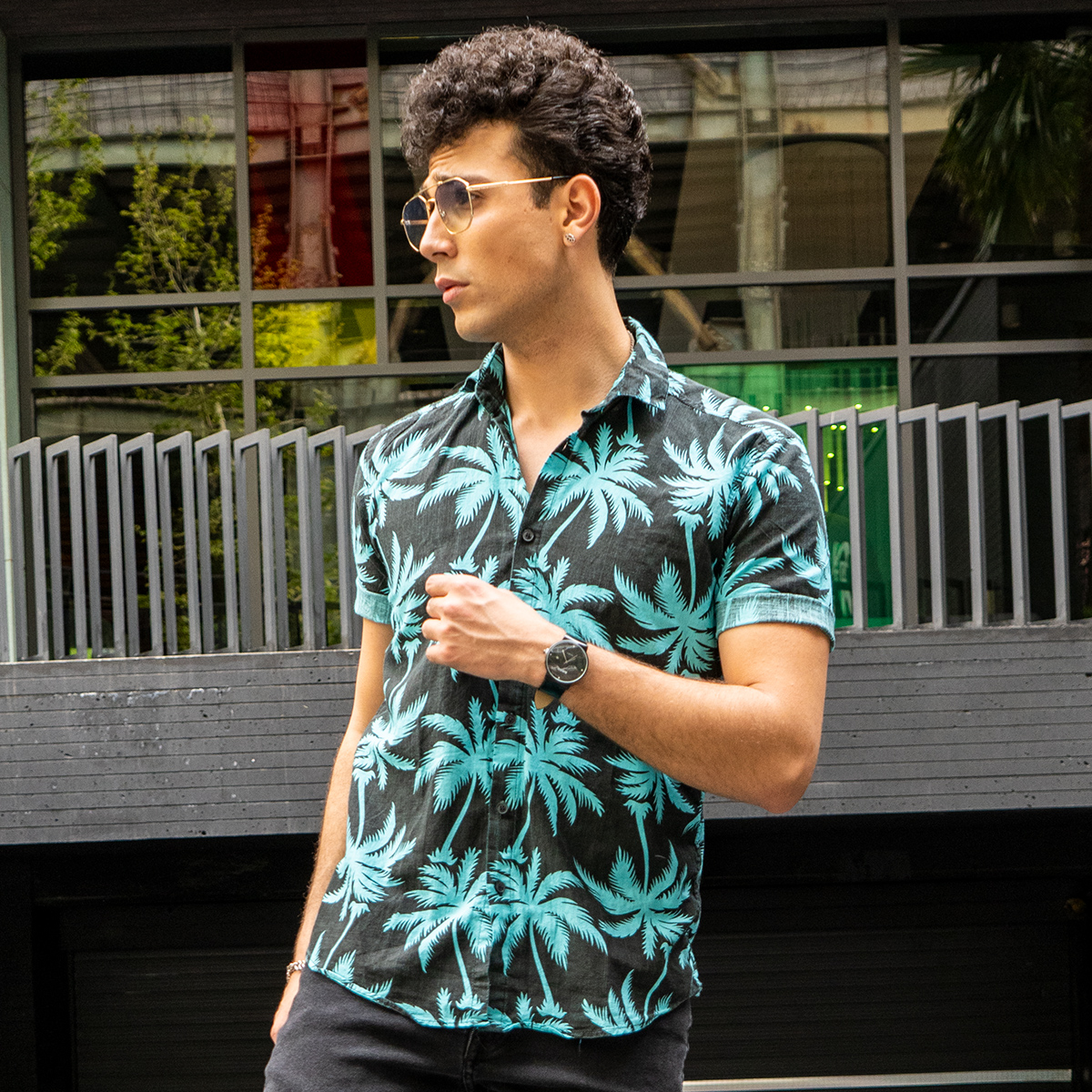 پيراهن هاوايي مردانه مشكي سبز مدل Riofer