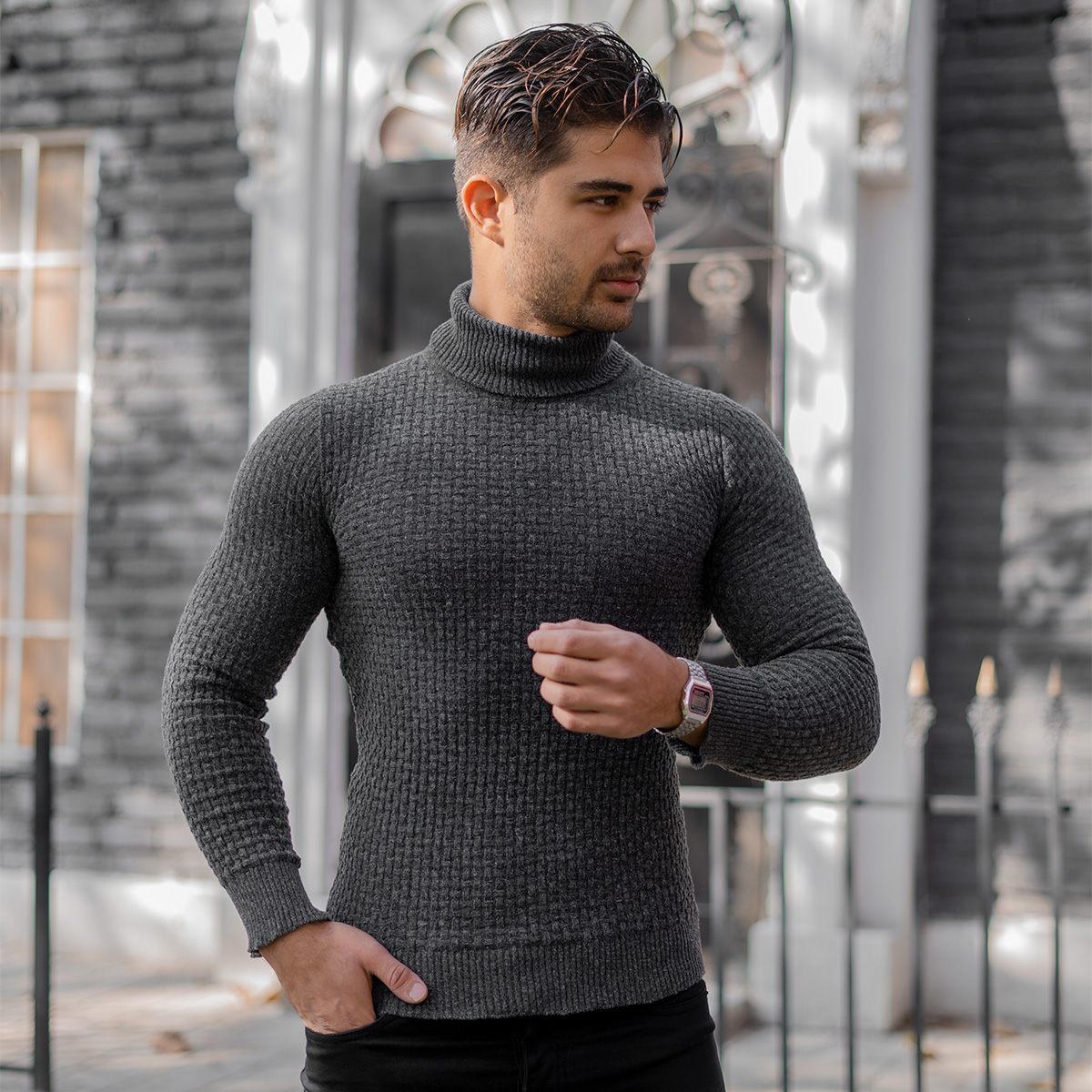 پلیور یقه اسکی مردانه طوسی تیره مدل Oktav