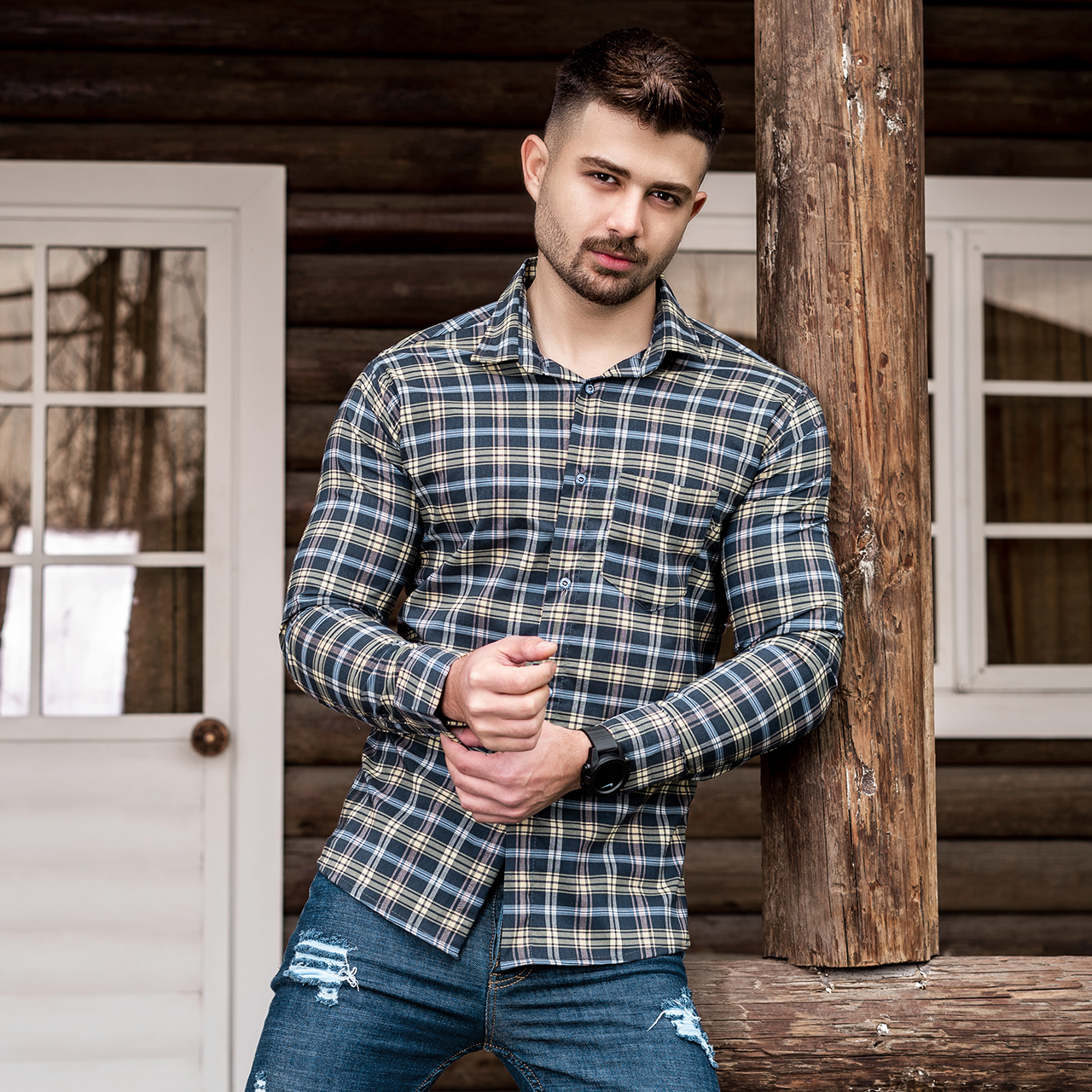 پیراهن چهارخانه کرم سرمه ای مردانه مدلDivan