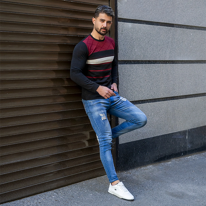 پلیور مردانه راه راه قرمز مدل Maron