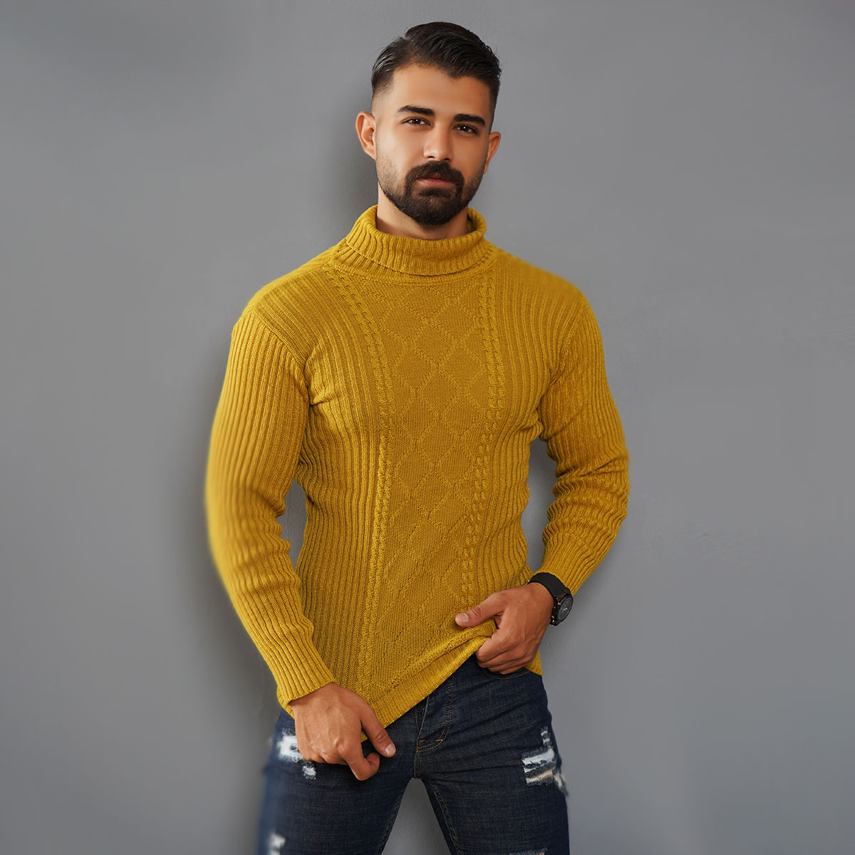 پلیوربافت مردانه خردلی یقه اسکی مدل Hakan